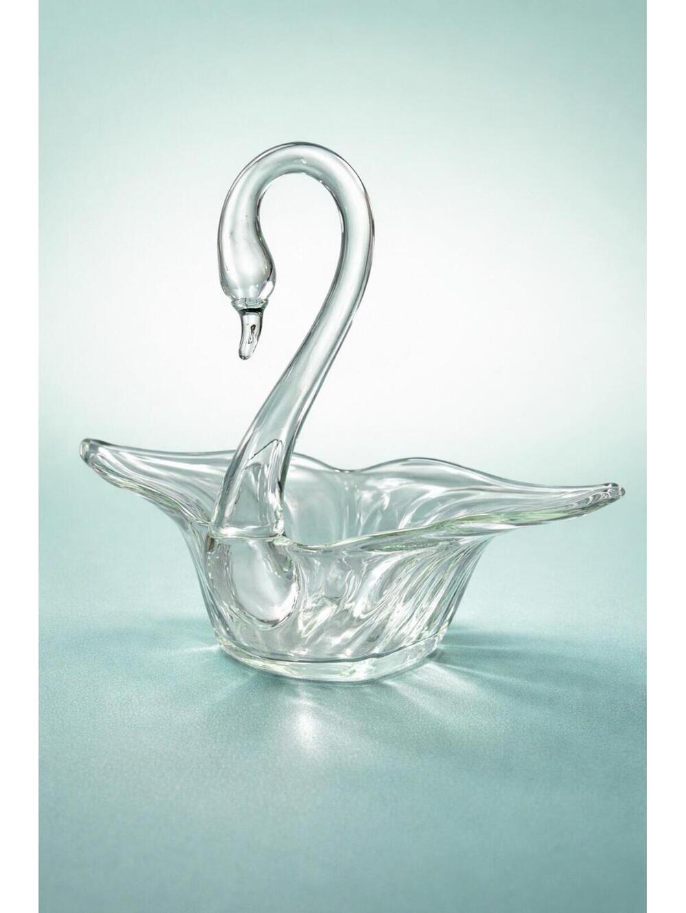 Duncan & Miller 1940s Sylvan Clear Art Glass Swan Candy Trinket Dish, 11x4x9.5”
